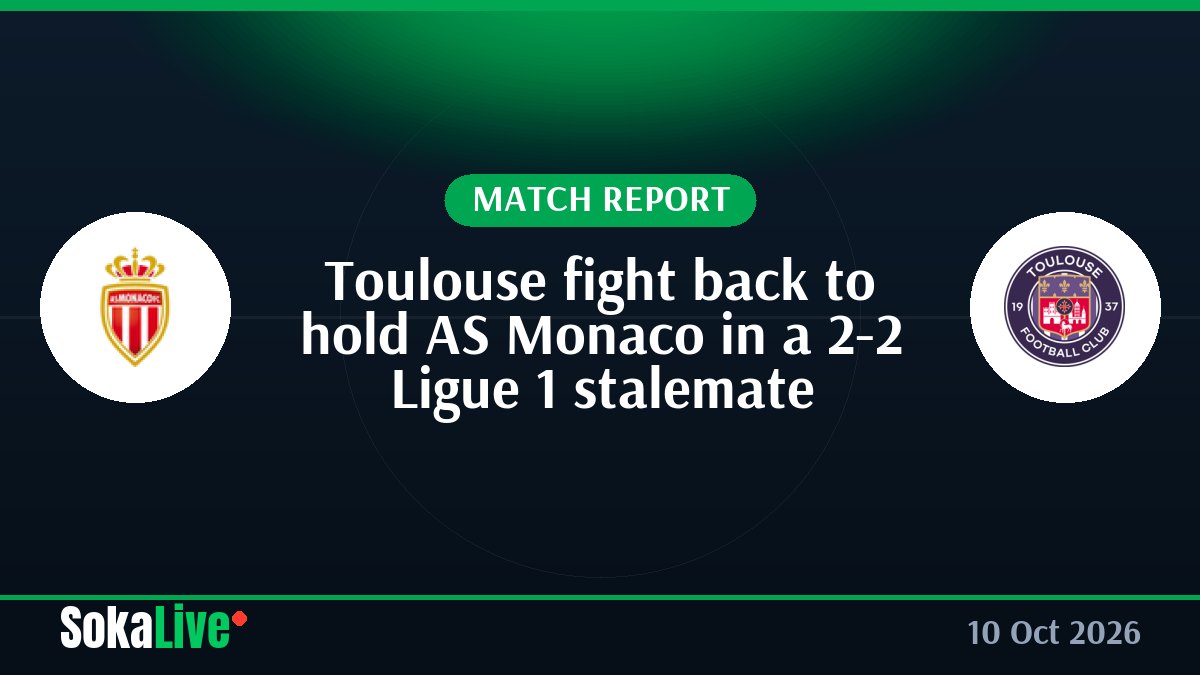Toulouse fight back to hold AS Monaco in a 2-2 Ligue 1 stalemate