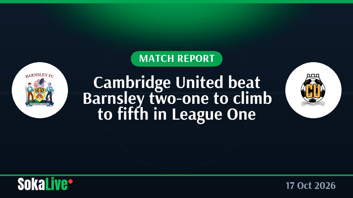 Cambridge United beat Barnsley two-one to climb to fifth in League One